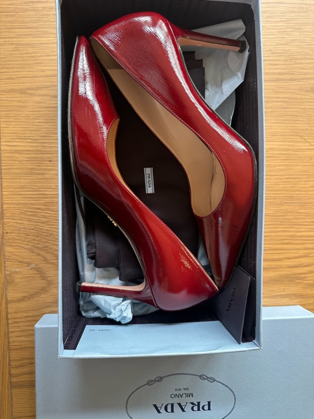 Prada Saffiano Leather Pointed-Toe Pumps in Deep Burgundy. 
Size 38.5 - Picture 4 of 4